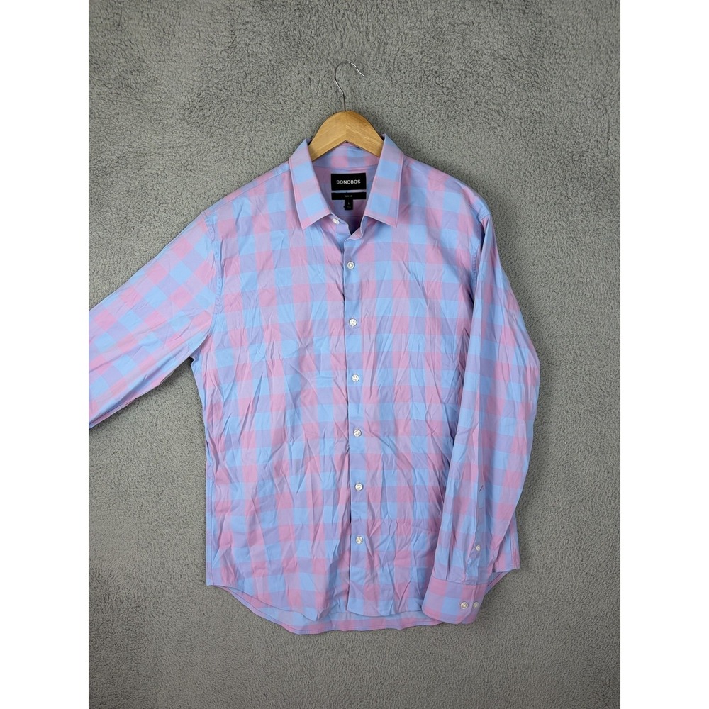 Bonobos Shirt Mens Large Pink Blue Check Long Sleeve Button Slim Stretch Casual